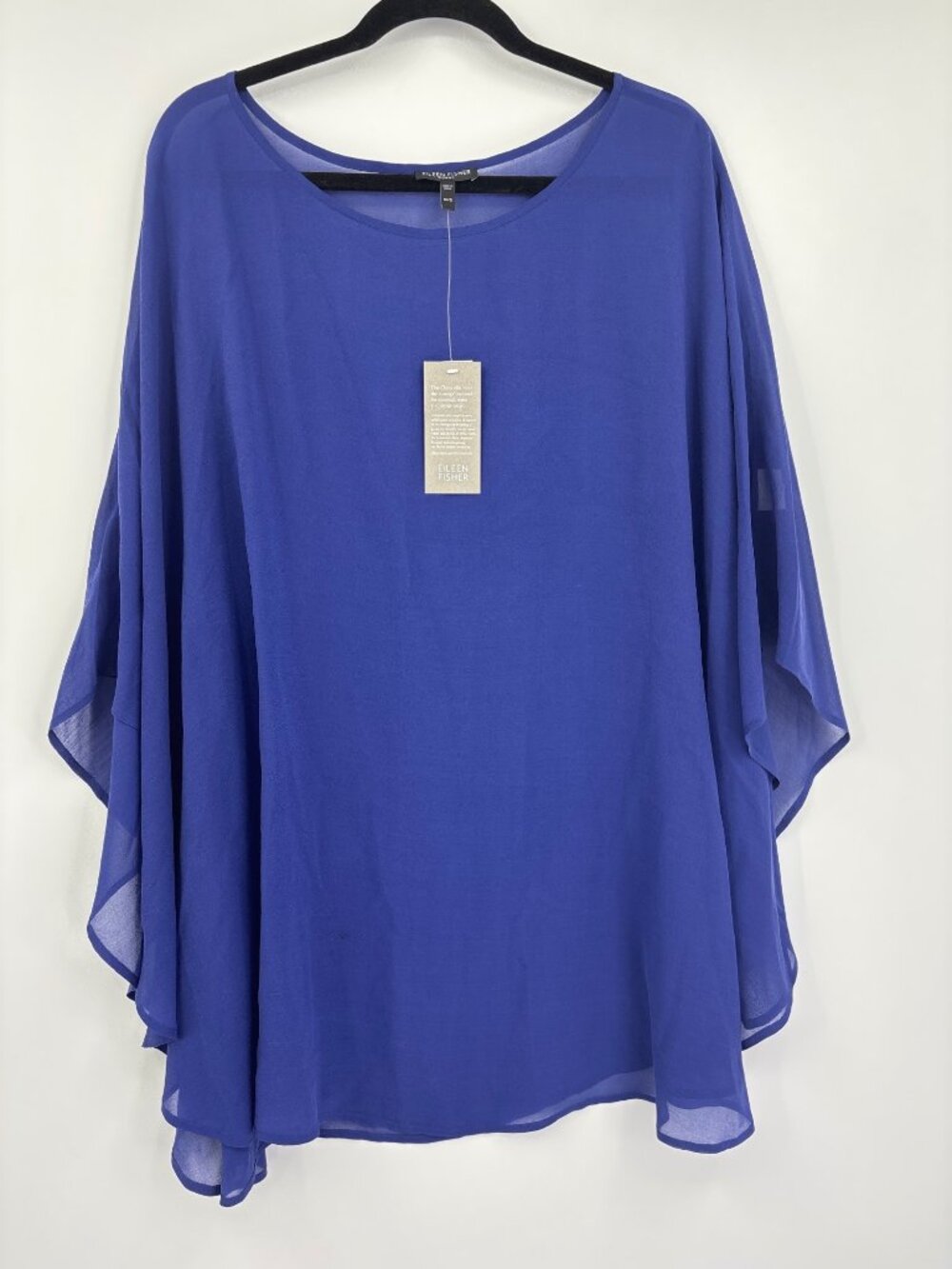 Eileen Fisher Women Sheer 100 % Silk Bateau Georgette Poncho Blue One Size NEW
